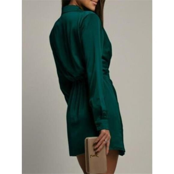 Collared Neck Long Sleeve Satin Dress - Picture 9 of 12
